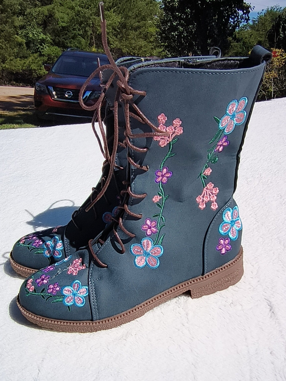 Women's Floral Embroidered Lace-Up Navy Blue Boots (EU 42.   US 11)